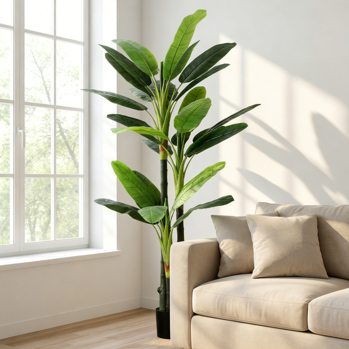  Arbore de Bananier Artificial, Planta Artificiala cu 18 Frunze, 180 cm, Verde [2]