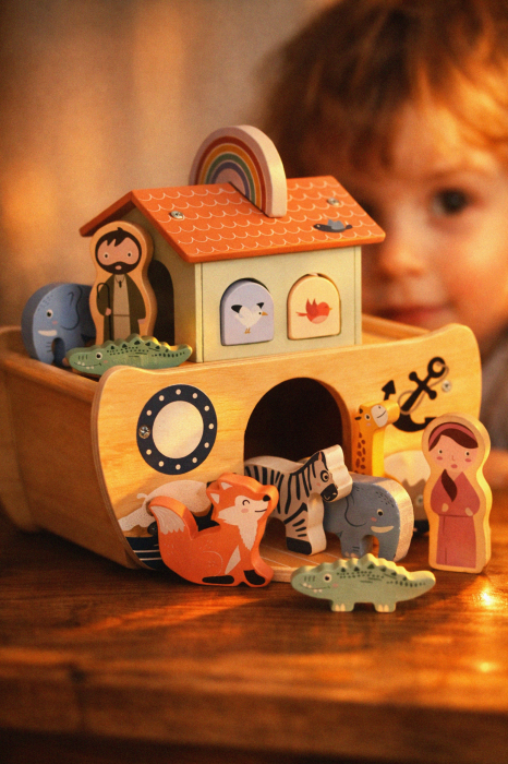 Arca lui Noe din lemn, jucarie educativa cu 17 figurine, 25x13x23 cm, multicolor [4]