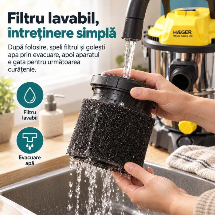 Pachet promo Aspirator cu filtrare in apa si absortie lichide HAEGER WORK FORCE 20, Putere 1200W si Fier de calcat cu abur HAEGER VAPOUR PRO, Talpa ceramica, 2700W [3]