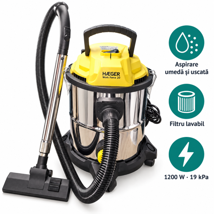 Pachet promo Aspirator cu filtrare in apa si absortie lichide HAEGER WORK FORCE 20, Putere 1200W si Fier de calcat cu abur HAEGER VAPOUR PRO, Talpa ceramica, 2700W [1]