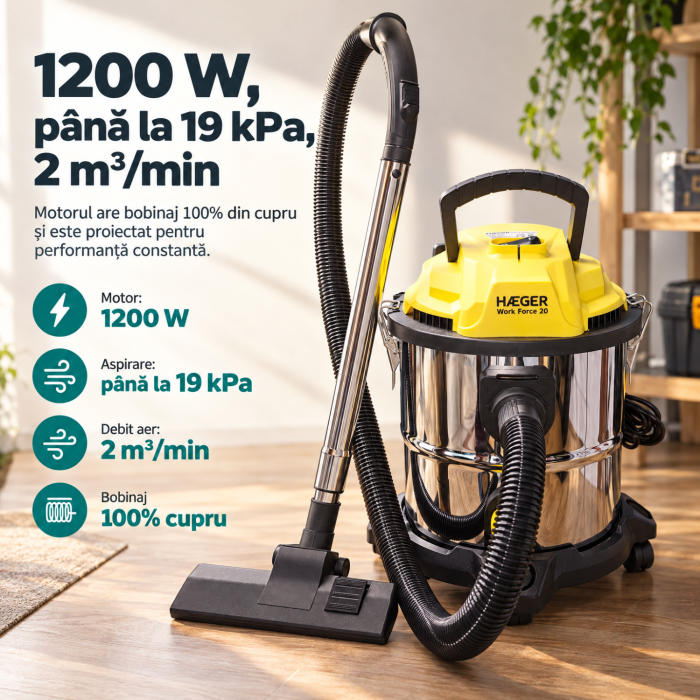 Pachet promo Aspirator cu filtrare in apa si absortie lichide HAEGER WORK FORCE 20, Putere 1200W si Fier de calcat cu abur HAEGER VAPOUR PRO, Talpa ceramica, 2700W [5]