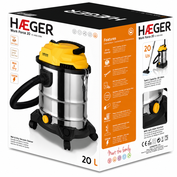Aspirator cu filtrare in apa si absortie lichide HAEGER WORK FORCE 20, Putere 1200W, Capacitate 20L, Functie de golire rezervor si suflare aer, filtru lavabil, Galben [8]
