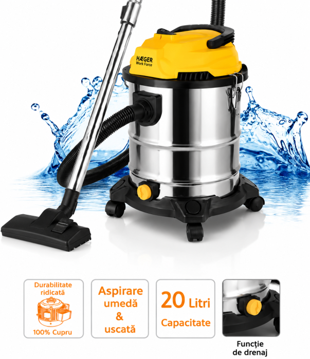 Aspirator cu filtrare in apa si absortie lichide HAEGER WORK FORCE 20, Putere 1200W, Capacitate 20L, Functie de golire rezervor si suflare aer, filtru lavabil, Galben [4]