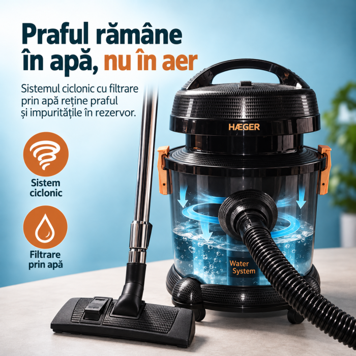 Pachet promo Aspirator cu fitrare prin apa HAEGER AQUACLEAN 1200, Putere 1200W + Fier de calcat cu abur HAEGER VAPOUR PRO, Talpa ceramica, 2700W [3]