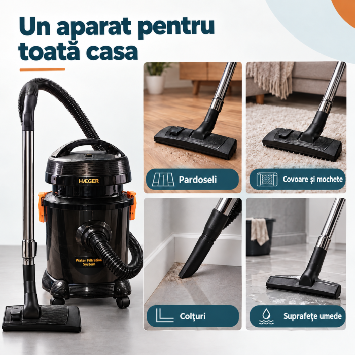 Pachet promo Aspirator cu fitrare prin apa HAEGER AQUACLEAN 1200, Putere 1200W + Fier de calcat cu abur HAEGER VAPOUR PRO, Talpa ceramica, 2700W [8]