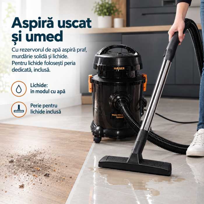 Pachet promo Aspirator cu fitrare prin apa HAEGER AQUACLEAN 1200, Putere 1200W + Fier de calcat cu abur HAEGER VAPOUR PRO, Talpa ceramica, 2700W [5]