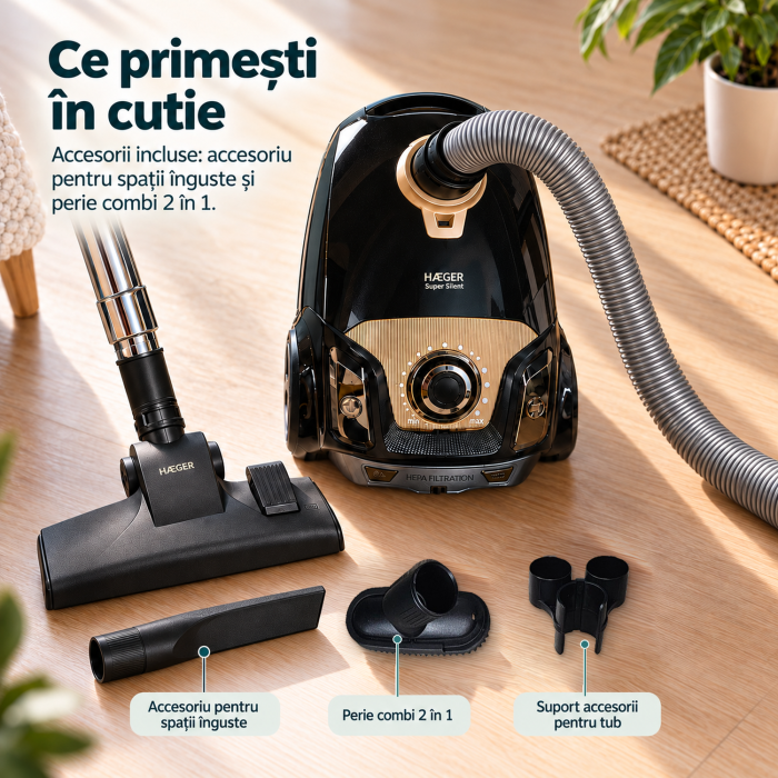 Pachet promo Aspirator cu sac HAEGER SUPER SILENT, Putere 750W, Capacitate sac 4L + Fier de calcat cu abur HAEGER ULTRA STEAM, Talpa ceramica, 2800W [6]