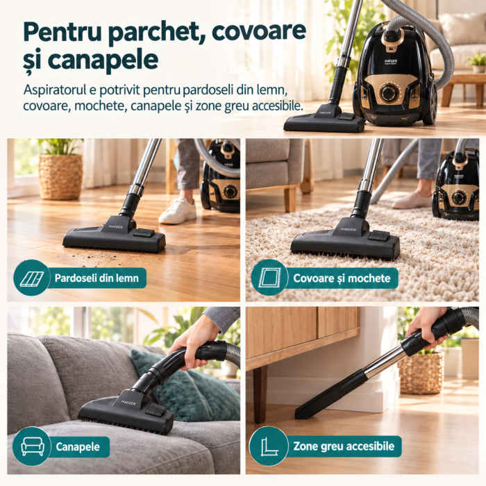 Pachet promo Aspirator cu sac HAEGER SUPER SILENT, Putere 750W, Capacitate sac 4L + Fier de calcat cu abur HAEGER ULTRA STEAM, Talpa ceramica, 2800W [5]