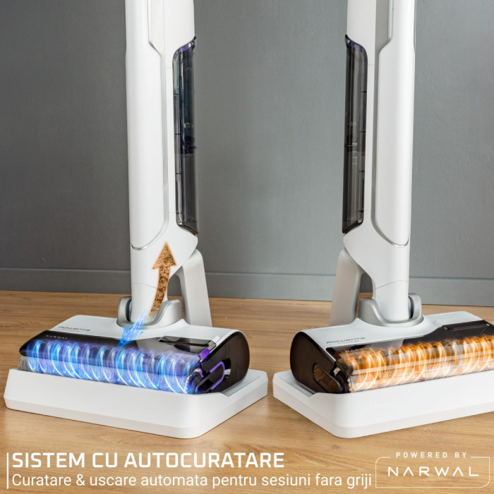 Aspirator cu spalare Rowenta X-Clean 10 GZ7540WO, 200W, 550 RPM, pana la 60 min autonomie, ecran LED, functie uscare & autocuratare, baza de incarcare, nivel scazut de zgomot, alb & argintiu [6]
