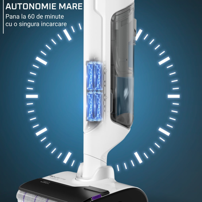 Aspirator cu spalare Rowenta X-Clean 10 GZ7540WO, 200W, 550 RPM, pana la 60 min autonomie, ecran LED, functie uscare & autocuratare, baza de incarcare, nivel scazut de zgomot, alb & argintiu [7]