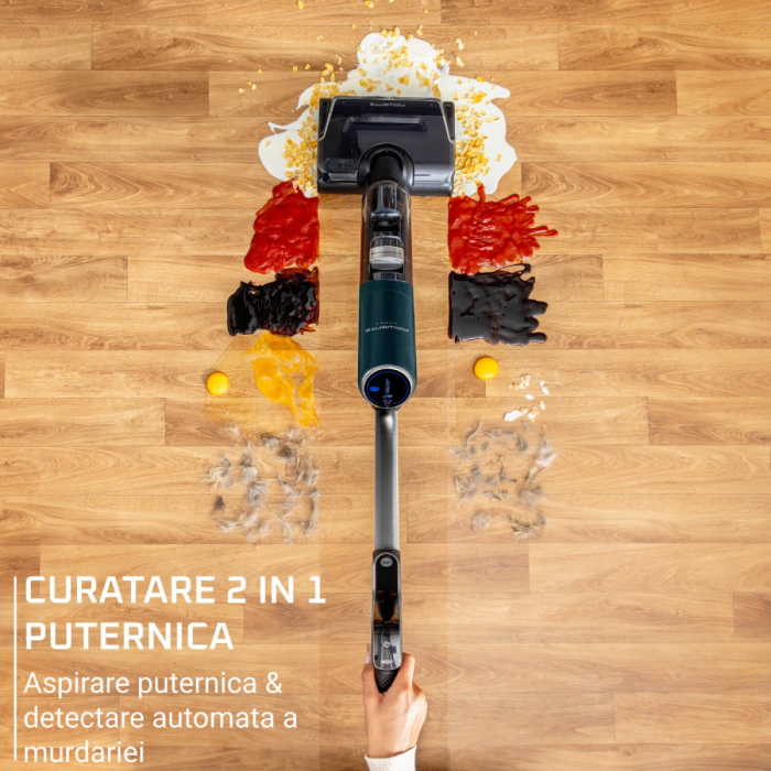 Aspirator cu spalare Rowenta X-Clean 7 GZ5735E0, 250 W, 530 RPM, pana la 50 min autonomie, ecran LED, functie uscare & autocuratare, baza de incarcare, verde & gri [4]