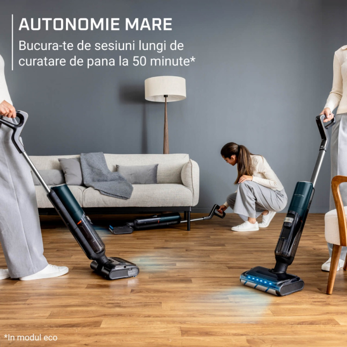 Aspirator cu spalare Rowenta X-Clean 7 GZ5735E0, 250 W, 530 RPM, pana la 50 min autonomie, ecran LED, functie uscare & autocuratare, baza de incarcare, verde & gri [3]
