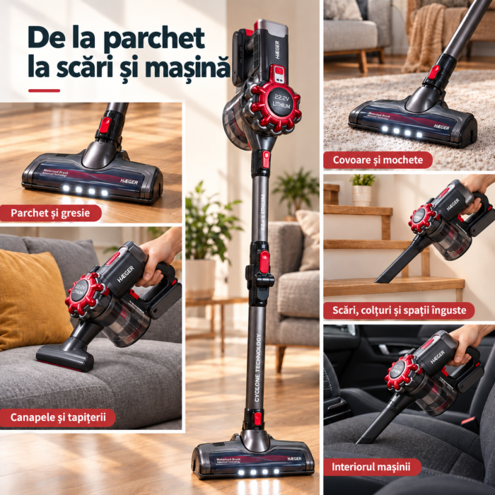 Pachet promo Aspirator fara fir HAEGER JUPITER II, Alimentare 22.2V, tub flexibil, autonomie pana la 40 min + Fier de calcat cu abur HAEGER VAPOUR PRO, Talpa ceramica, 2700W [7]