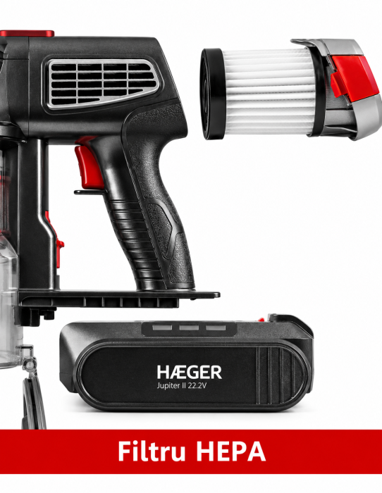 Aspirator fara fir HAEGER JUPITER II, Alimentare 22.2V, tub flexibil, autonomie pana la 40 min, Capacitate 600 ml, nivel zgomot redus, filtrare ciclonica, Perie electrica cu LED,  Negru [7]