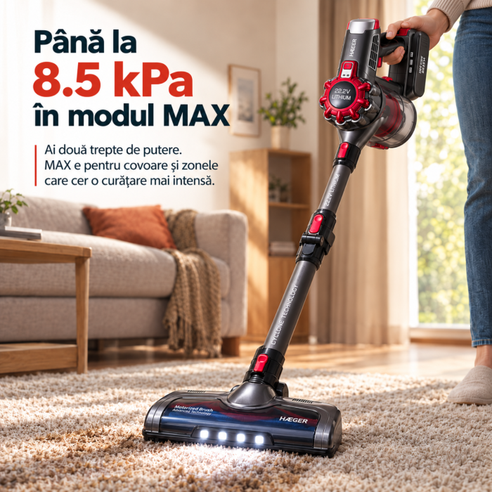 Pachet promo Aspirator fara fir HAEGER JUPITER II, Alimentare 22.2V, tub flexibil, autonomie pana la 40 min + Fier de calcat cu abur HAEGER VAPOUR PRO, Talpa ceramica, 2700W [8]