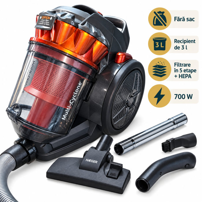 Pachet promo Aspirator fara sac HAEGER MAX CYCLON, Putere 700W, Capacitate 3L, Filtrare multiciclonica + Fier de calcat cu abur HAEGER DARK RIVER, Talpa din inox, Putere 2200W [1]