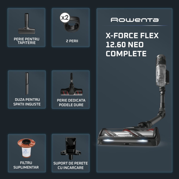 Aspirator vertical fara fir Rowenta X-Force Flex 12.60 Neo Complete RH9L55E0, 150 air watts, autonomie de pana la 60 min, recipient praf 0.65L, iluminare LED, tub Flex, funcție Boost, negru & gri [2]