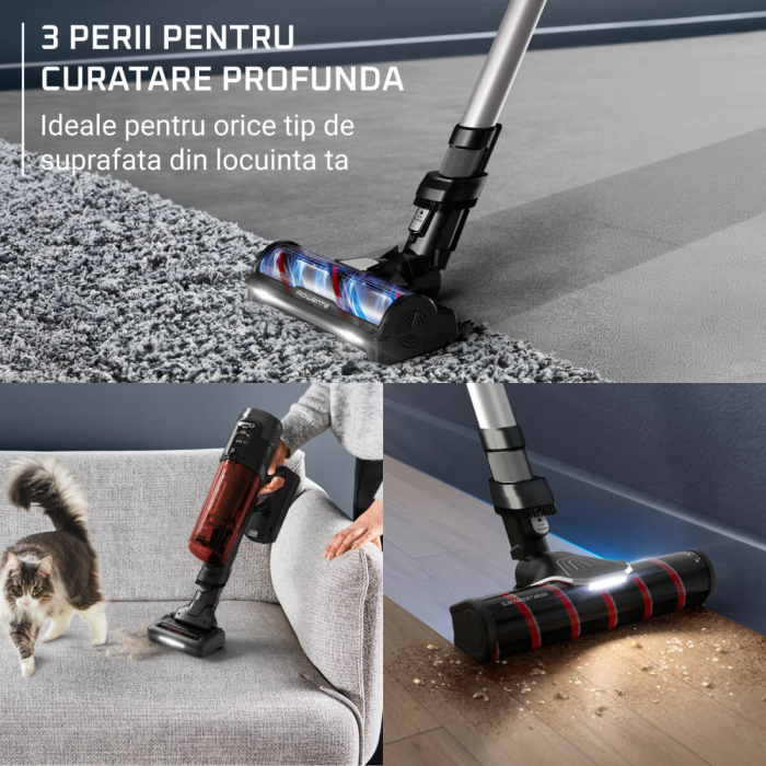Aspirator vertical fara fir Rowenta X-Force Flex 13.60 Complete Animal RH9A93E0, 150 air watts, iluminare LED, tub flex, funcție boost, capacitate recipient praf 0.65L, rosu & argintiu [6]
