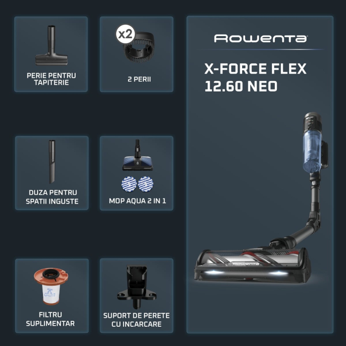 Aspirator vertical Rowenta X-Force Flex 12.60 NEO RH9LC1WO cu mop, 380W, autonomie 60 min, panou de control, recipient praf 0.65L, albastru & negru [3]