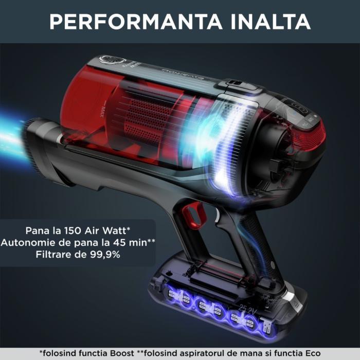 Aspirator vertical Rowenta X-Force Flex 12.60 RH98A8WO, 2 in 1, putere 320 W, putere aspirare 150 AirWats, autonomie pana la 45 min, tehnologie ciclonica, Animal Care, Negru/rosu [5]