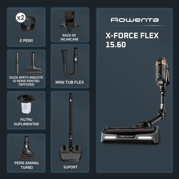 Aspirator vertical Rowenta X-Force Flex 15.60 RH99F1WO, 520W, Tehnologie flex, display control, accesorii animal care, stație încarcare, recipient praf 0.9L, autonomie max 1h si 20min, negru&maro [3]