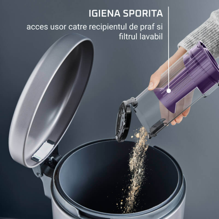 Aspirator vertical Rowenta X-Pert 7.60 RH6A35WO, 140W, autonomie pana la 45 minute, filtrare 99%, recipient de praf 0.44L, perie cu LED, Tehnologie ciclonica, violet & negru [7]