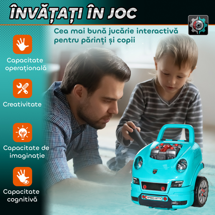  Atelier camion de jucarie pentru copii 3-5 ani, set 61 piese, cu maner, din ABS si PP, 40x39x47 cm, negru si albastru [4]
