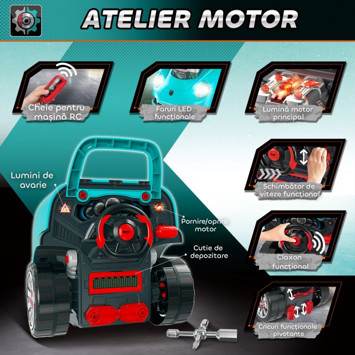  Atelier camion de jucarie pentru copii 3-5 ani, set 61 piese, cu maner, din ABS si PP, 40x39x47 cm, negru si albastru [6]