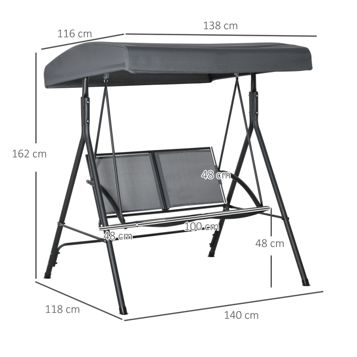  Balansoar cu 2 Locuri de Gradina pentru Exterior cu Baldachin Reglabil si Sezuta din Textilen, 140x118x162cm Gri [2]