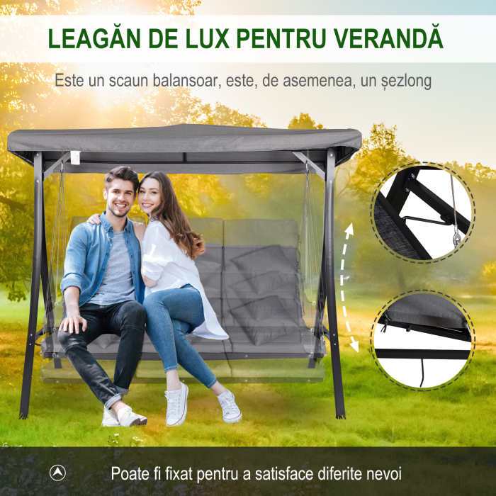  Balansoar cu 3 Scaune din Material Textil cu Perne si Acoperis Reglabil, Gri, 200x115x168 cm [5]