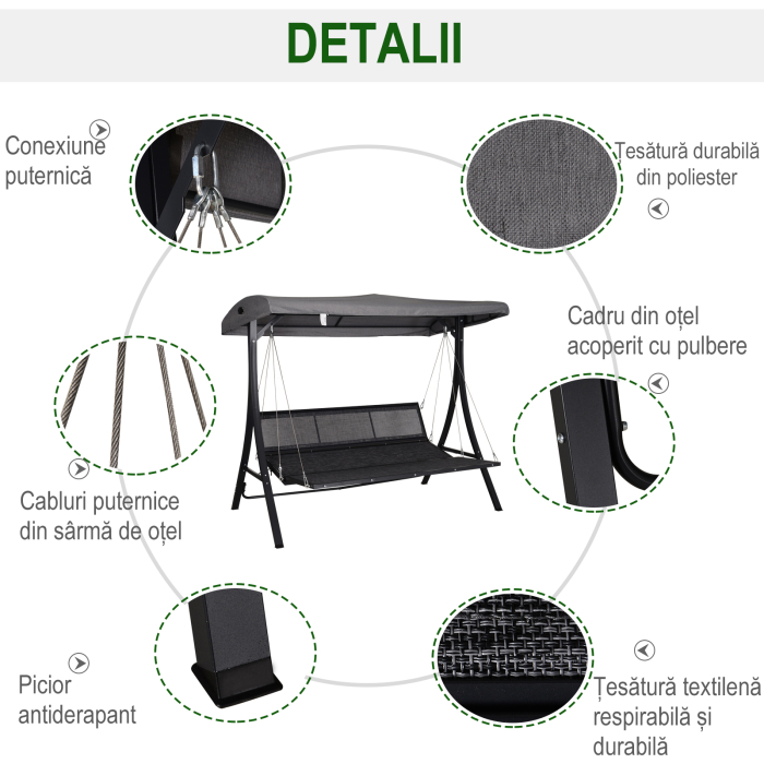  Balansoar cu 3 Scaune din Material Textil cu Perne si Acoperis Reglabil, Gri, 200x115x168 cm [6]