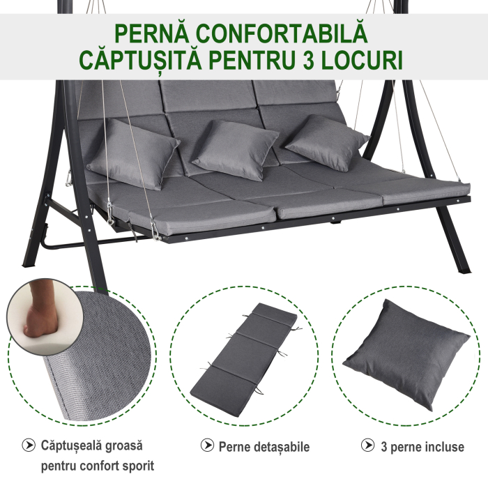  Balansoar cu 3 Scaune din Material Textil cu Perne si Acoperis Reglabil, Gri, 200x115x168 cm [7]
