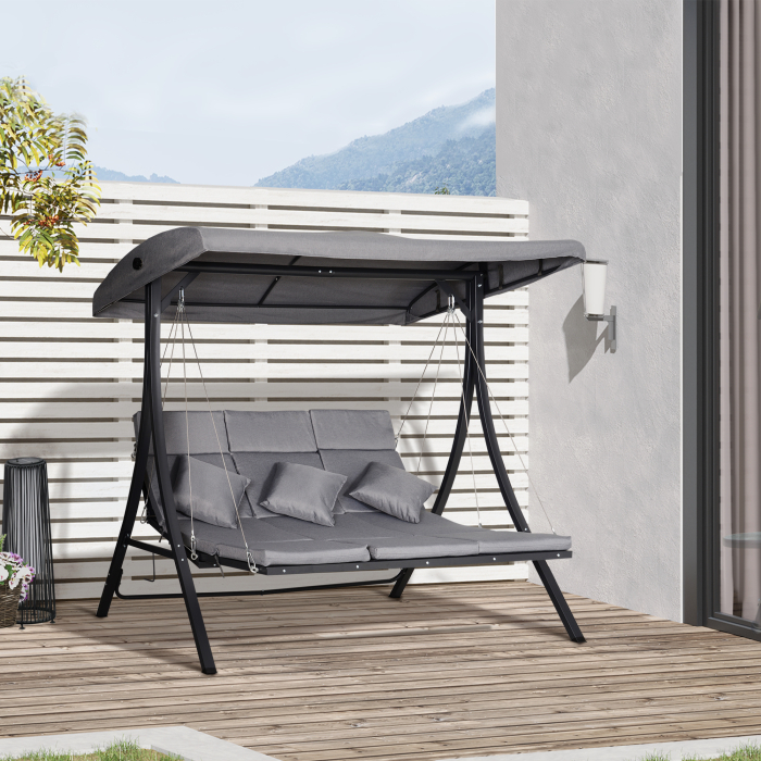  Balansoar cu 3 Scaune din Material Textil cu Perne si Acoperis Reglabil, Gri, 200x115x168 cm [2]