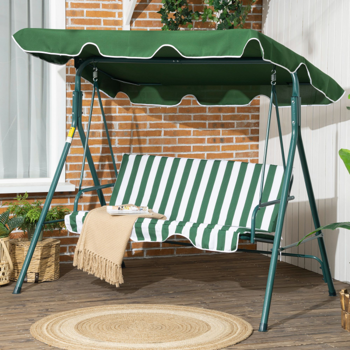  Balansoar de Gradina 3 Locuri Acoperis Parasolar si Structura din Otel si Poliester, 172x110x153 cm, Alb si Verde [2]