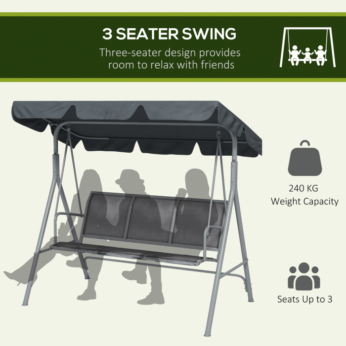  Balansoar de Gradina 3 Locuri cu Acoperis Reglabil si Detasabil, sezut din Poliester, Capacitate 240 kg, 171x108x154 cm, Gri inchis [7]