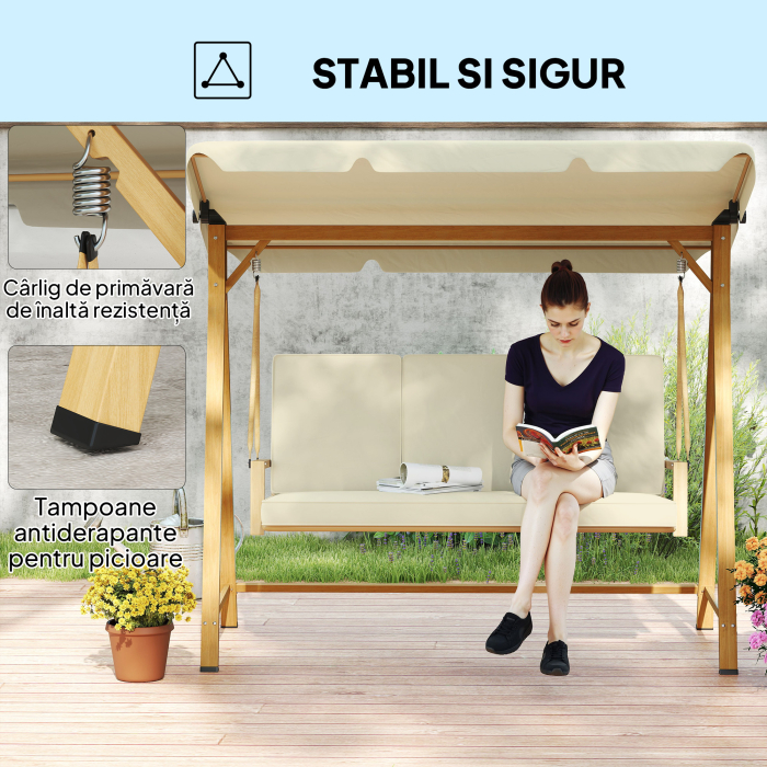  Balansoar de Gradina 3 Locuri cu Acoperis si Perne 195x120x170cm Bej [7]