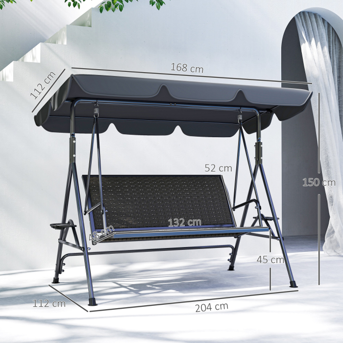  Balansoar de Gradina 3 Locuri din Ratan PE cu Acoperis Reglabil si Suporturi pentru Pahare, Balansoar de Exterior cu Cadru din Otel, Capacitate 320 kg, 204x112x150 cm, Gri [3]