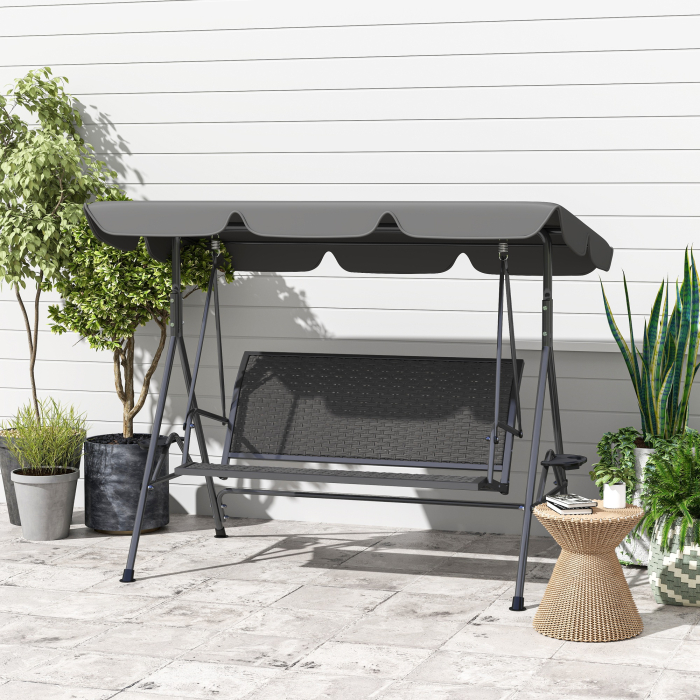  Balansoar de Gradina 3 Locuri din Ratan PE cu Acoperis Reglabil si Suporturi pentru Pahare, Balansoar de Exterior cu Cadru din Otel, Capacitate 320 kg, 204x112x150 cm, Gri [8]
