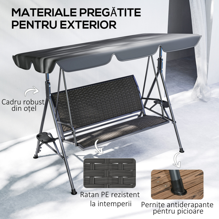  Balansoar de Gradina 3 Locuri din Ratan PE cu Acoperis Reglabil si Suporturi pentru Pahare, Balansoar de Exterior cu Cadru din Otel, Capacitate 320 kg, 204x112x150 cm, Gri [6]