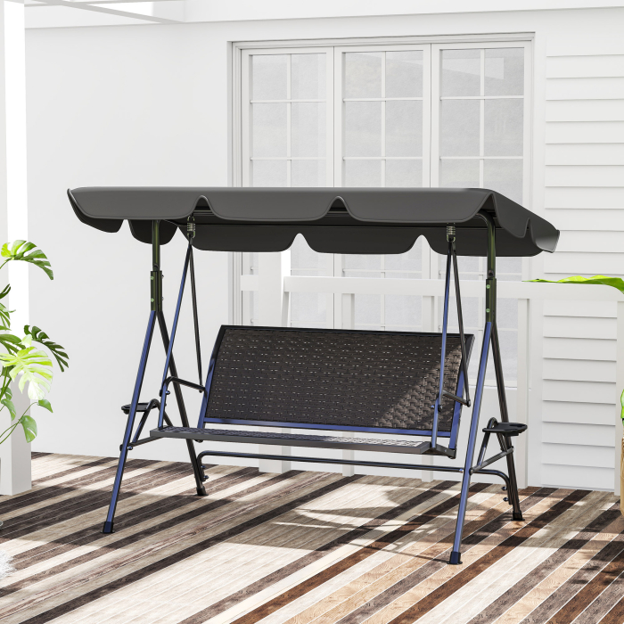  Balansoar de Gradina 3 Locuri din Ratan PE cu Acoperis Reglabil si Suporturi pentru Pahare, Balansoar de Exterior cu Cadru din Otel, Capacitate 320 kg, 204x112x150 cm, Gri [9]
