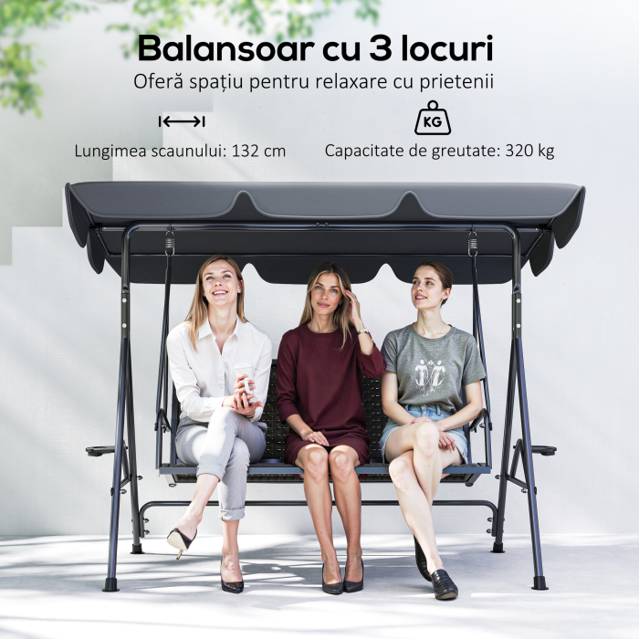  Balansoar de Gradina 3 Locuri din Ratan PE cu Acoperis Reglabil si Suporturi pentru Pahare, Balansoar de Exterior cu Cadru din Otel, Capacitate 320 kg, 204x112x150 cm, Gri [4]