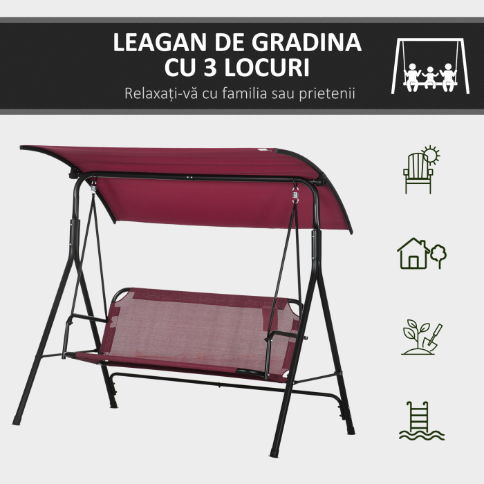  Balansoar de Gradina cu 3 Locuri, Copertina Parasolar Reglabila si sezut Respirabil, 172x110x153 cm, Rosu Vin [6]