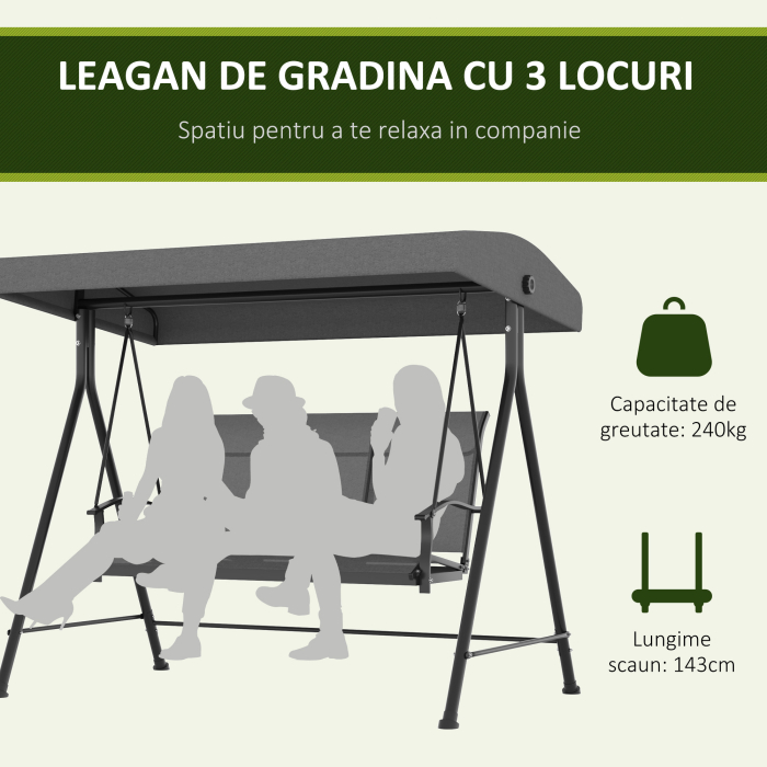  Balansoar de Gradina cu 3 Locuri, Copertina Reglabila si Picioare Anti-alunecare, 195x118x170 cm, Gri inchis [4]