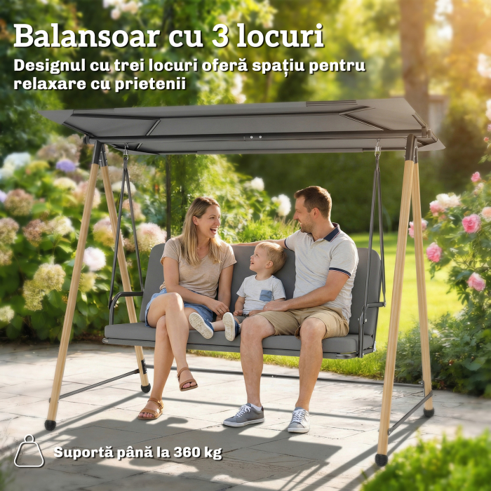  Balansoar de Gradina cu 3 Locuri, cu Copertina Reglabila Impermeabila si Perna Detasabila, Capacitate Maxima 360 kg, 208 x 125 x 180 cm, Gri [4]