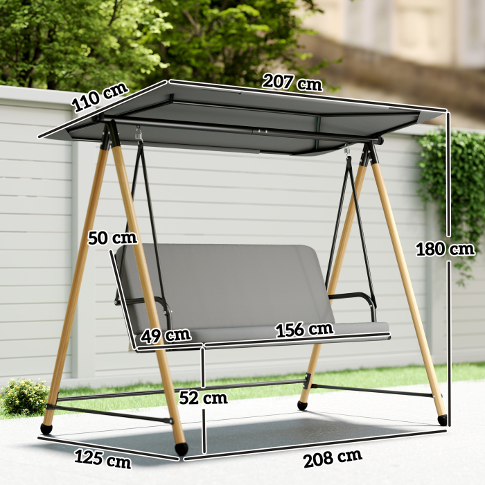  Balansoar de Gradina cu 3 Locuri, cu Copertina Reglabila Impermeabila si Perna Detasabila, Capacitate Maxima 360 kg, 208 x 125 x 180 cm, Gri [3]