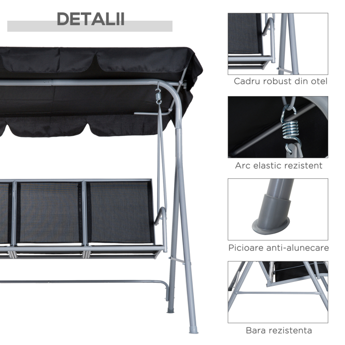  Balansoar de Gradina cu 3 Locuri din Metal Acoperis Copertina Detasabil [6]
