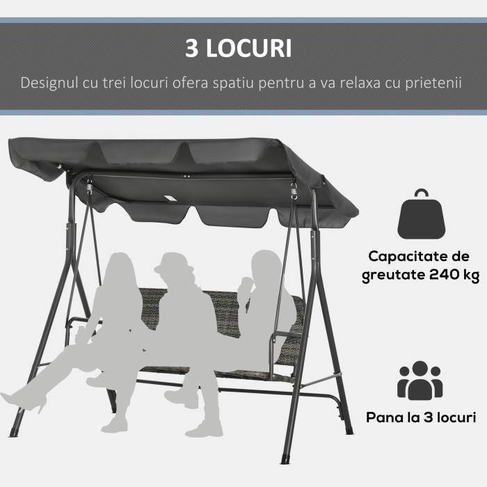  Balansoar de Gradina cu 3 Locuri si Parasolar Reglabil, 167x112x153 cm, Gri inchis [5]