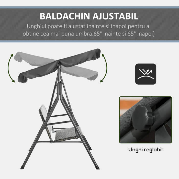  Balansoar de Gradina cu 3 Locuri si Parasolar Reglabil, 167x112x153 cm, Gri inchis [6]