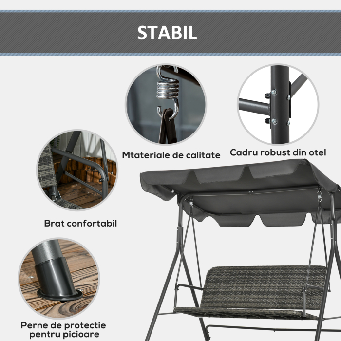  Balansoar de Gradina cu 3 Locuri si Parasolar Reglabil, 167x112x153 cm, Gri inchis [7]