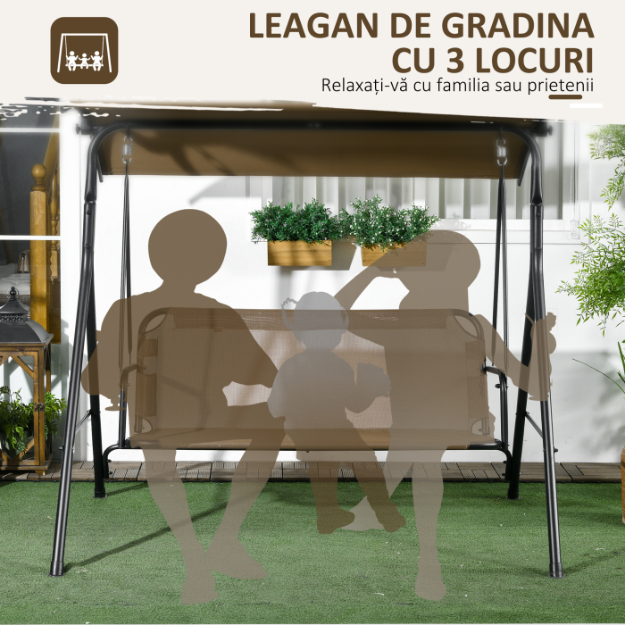  Balansoar de Gradina cu 3 Locuri si Parasolar Reglabil, 172x110x153 cm, Maro [6]